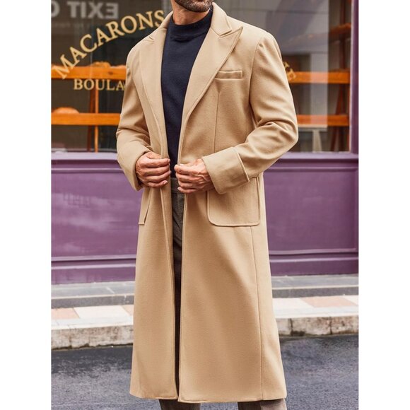 💫 Men Cream Long Casual Trench Coat Notched Collar Warm Winter Pockets Jackets - Picture 3 of 5